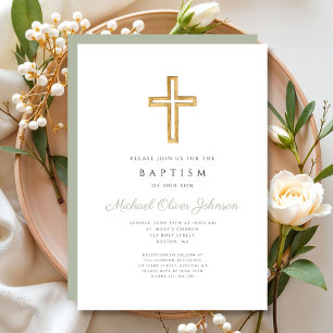 Elegant Sage Green Religious Cross Baptism Einladung