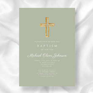 Elegant Sage Green Religious Cross Baptism Einladung