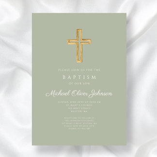 Elegant Sage Green Religious Cross Baptism Einladung
