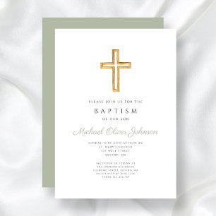 Elegant Sage Green Religious Cross Baptism Einladung