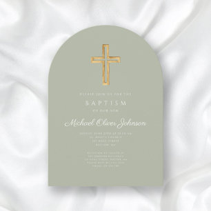 Elegant Sage Green Religious Cross Baptism Einladung