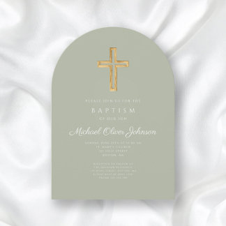 Elegant Sage Green Religious Cross Baptism Einladung
