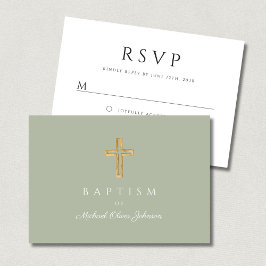 Elegant Sage Green Religious Cross Baptism RSVP Karte