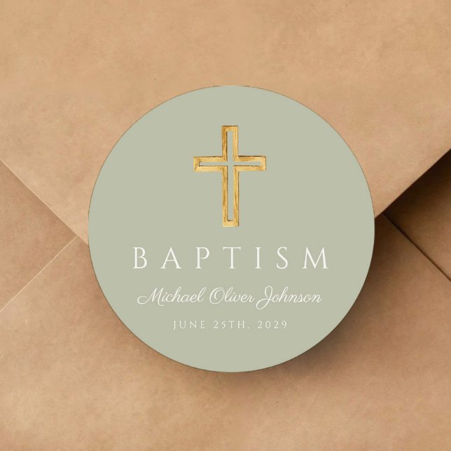 Elegant Sage Green Religious Cross Baptism Runder Aufkleber (Elegant Sage Green Religious Cross Baptism Classic Round Sticker)