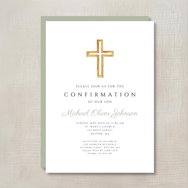 Elegant Sage Green Religious Cross Bestätigung Einladung (Elegant Sage Green Religious Cross Confirmation Invitation)