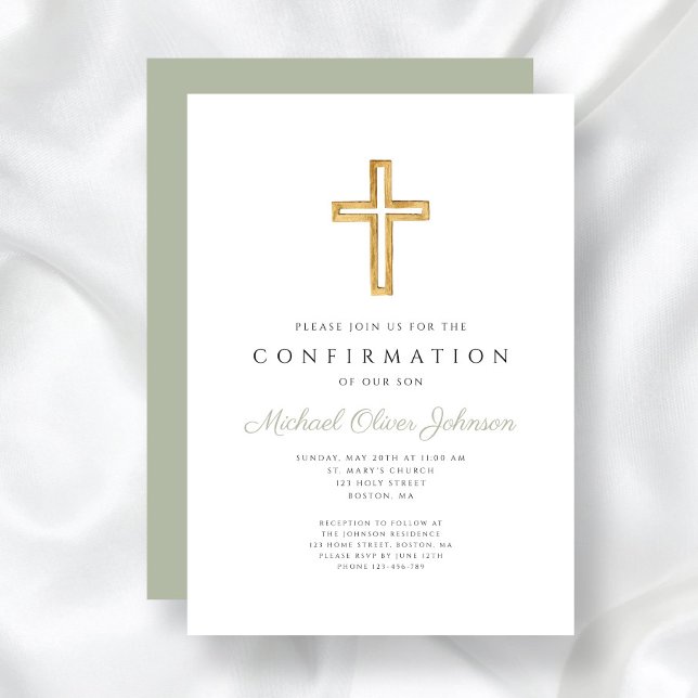 Elegant Sage Green Religious Cross Bestätigung Einladung (Elegant Sage Green Religious Cross Confirmation Invitation)