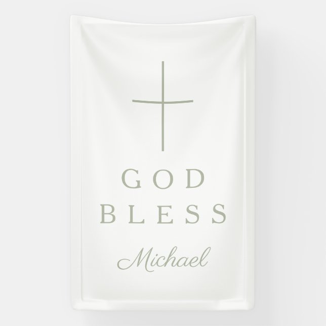 Elegant Sage Green Religious Cross Boy God Bless Banner (Vertikal)