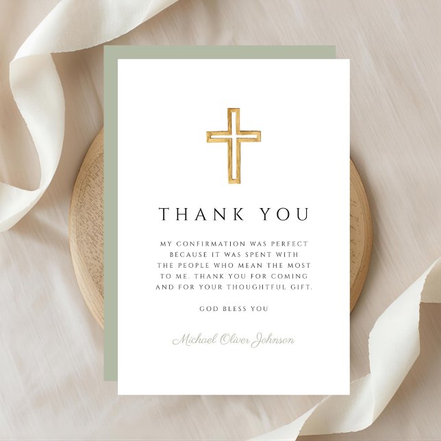 Elegant Sage Green Religious Cross Confirmation Dankeskarte (Elegant Sage Green Religious Cross Confirmation Thank You Card)