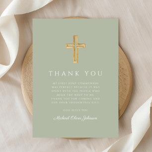 Elegant Sage Green Religious Cross First Communion Dankeskarte