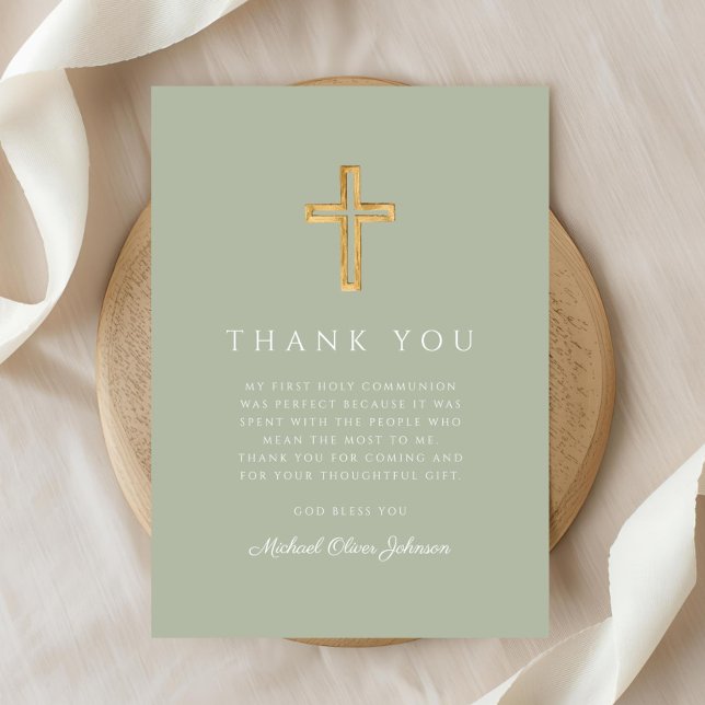 Elegant Sage Green Religious Cross First Communion Dankeskarte (Elegant Sage Green Religious Cross First Communion Thank You Card)