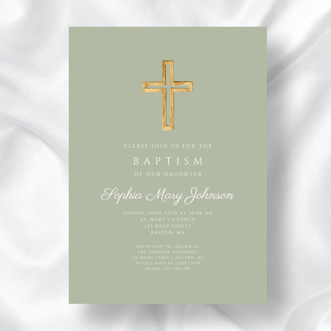 Elegant Sage Green Religious Cross Girl Baptism Einladung (Elegant Sage Green Religious Cross Girl Baptism Invitation)
