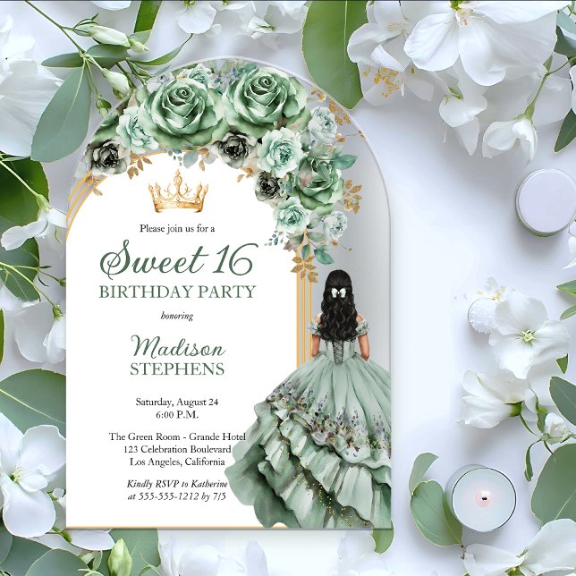 Elegant Sage Green Rose Blumensaft 16 Party Acryleinladungen (Elegant Sage Green Rose Floral Princess-Theme Brunette Sweet 16 Birthday Acrylic Invitation )