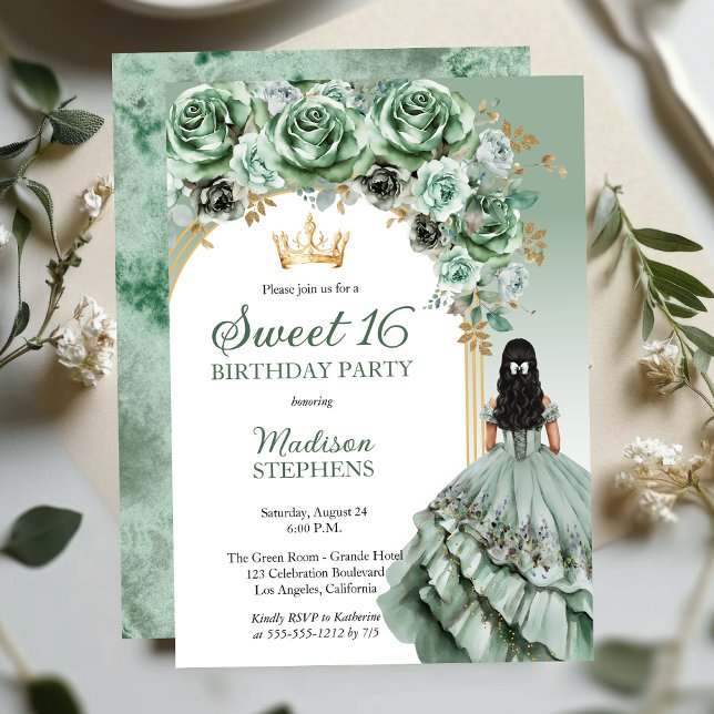 Elegant Sage Green Rose Blumensaft 16 Party Einladung (Elegant Sage Green Rose Floral Princess-Theme Brunette Dk Haired Sweet 16 Invitation )