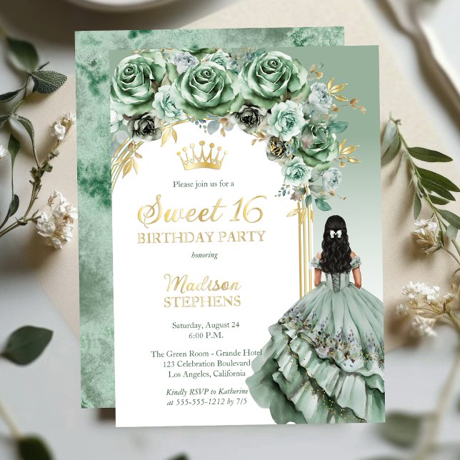Elegant Sage Green Rose Blumensaft 16 Party Folieneinladung (Elegant Sage Green Rose Floral Princess-Theme Brunette Dk Haired Sweet 16 Foil Invitation )