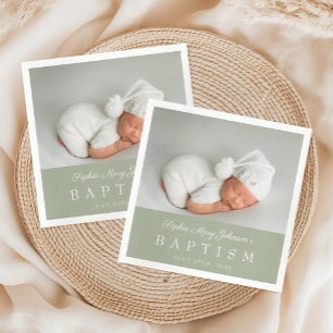 Elegant Sage Green Script Foto Taufe Serviette