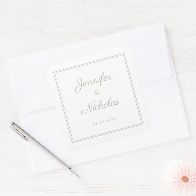 Elegant Sage Green Script Wedding Quadratischer Aufkleber (Umschlag)