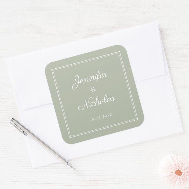 Elegant Sage Green Script Wedding Quadratischer Aufkleber (Umschlag)