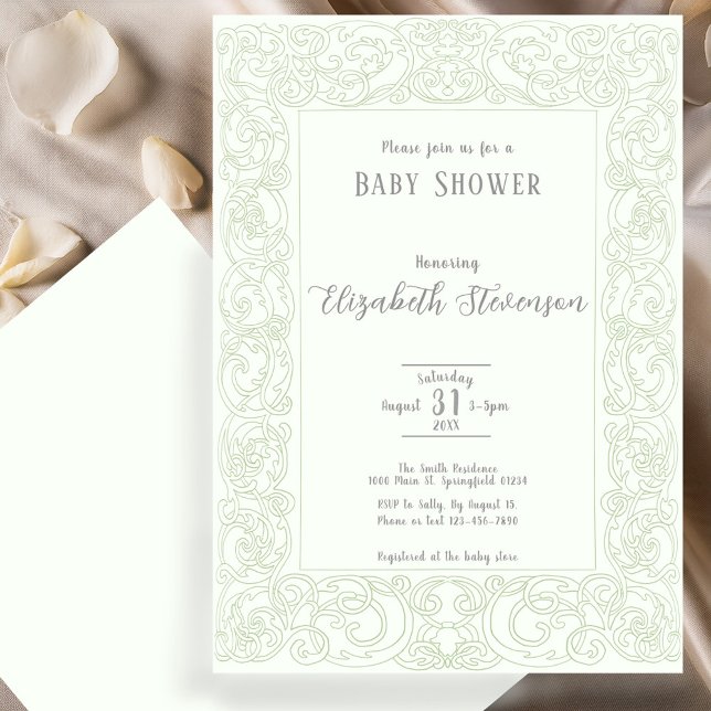 Elegant Sage Green Scrollwork Baby Shower  Einladung (Von Creator hochgeladen)
