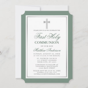 Elegant Sage Green Silver First Holy Communion Einladung