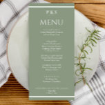 Elegant Sage Green Simple Monogram Dinner Wedding Menükarte<br><div class="desc">A navy blue and white elegant minimalist chic wedding light green dinner menu. Which features chic template design of sage green background and white typography . And monogram or initials at the top  and white stripes at the bottom and top.</div>
