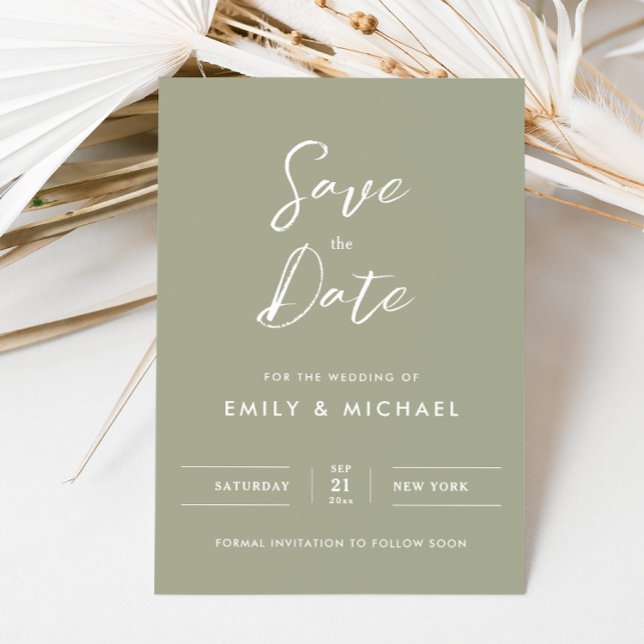 Elegant Sage Green Simple Script Wedding Save The Date (Simple elegant sage green with white calligraphy - elegant and tasteful for your special day)