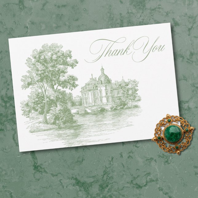 Elegant Sage Green Toile French Manor Wedding Dankeskarte (Elegant Sage Green Toile French Manor Wedding Thank You Card)