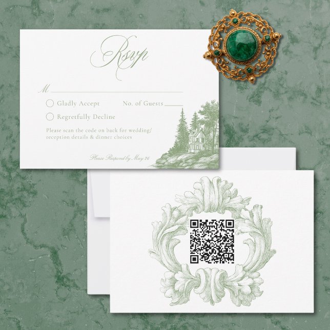 Elegant Sage Green Toile French Manor Wedding QR RSVP Karte (Elegant Sage Green Toile French Manor Wedding QR RSVP Card)