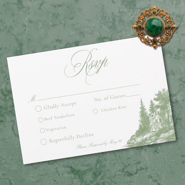 Elegant Sage Green Toile French Manor Wedding RSVP Karte (Elegant Sage Green Toile French Manor Wedding RSVP Card)
