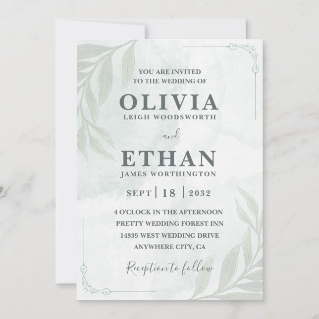 Elegant Sage Green Watercolor Foliage Wedding  Einladung (Vorderseite)