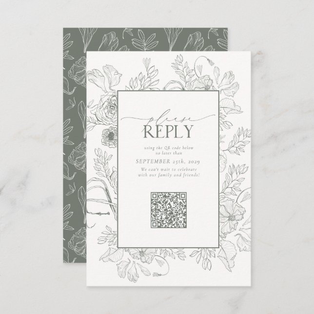 Elegant Sage Green Wedding QR Code Bitte beantwort RSVP Karte (Vorne/Hinten)