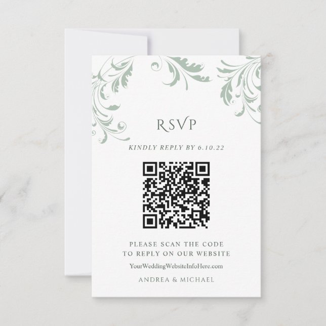 Elegant Sage Green Wedding QR Code Online-Antwort RSVP Karte (Vorderseite)
