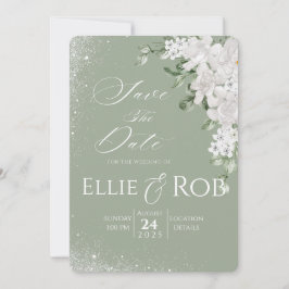 Elegant Sage Green White Floral Save The Date