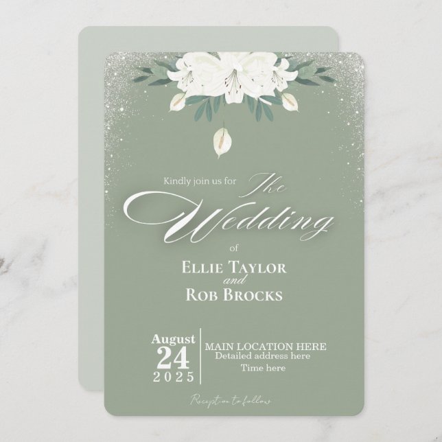 Elegant Sage Green White Floral Wedding Invitation Einladung (Vorne/Hinten)