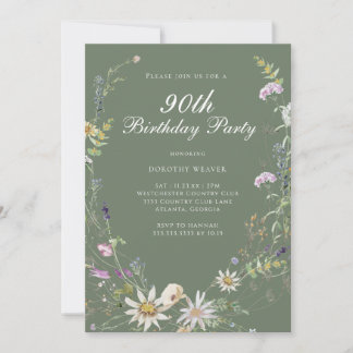 Elegant Sage Green Wildblume 90. Geburtstagsparty Einladung