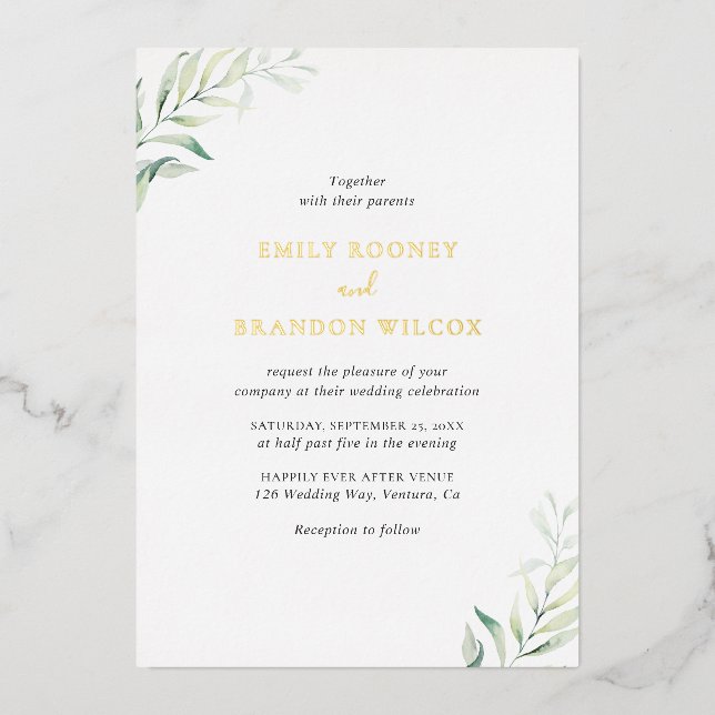 Elegant Sage Greenery Eucalyptus Wedding Gold Folieneinladung (Vorderseite)