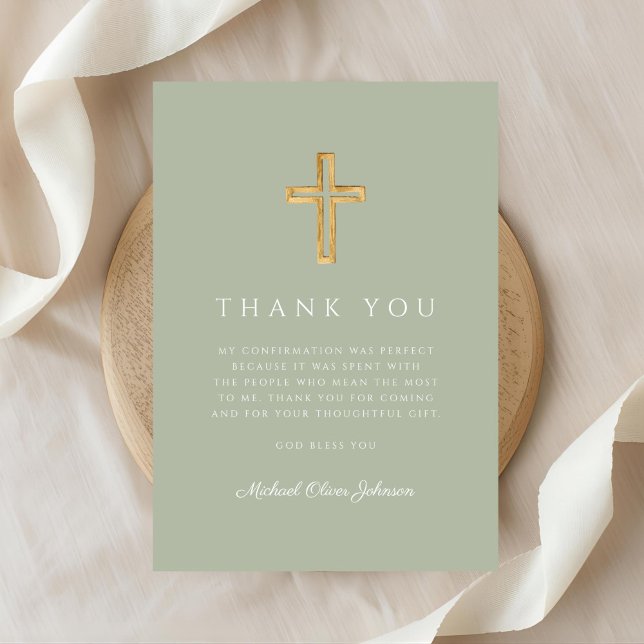 Elegant Sage Grenn Religious Cross Confirmation Dankeskarte (Elegant Sage Grenn Religious Cross Confirmation Thank You Card)