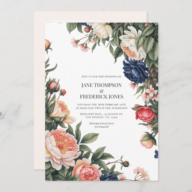Elegant Sage, Navy & Peach Floral Wedding QR Code Einladung (Vorne/Hinten)