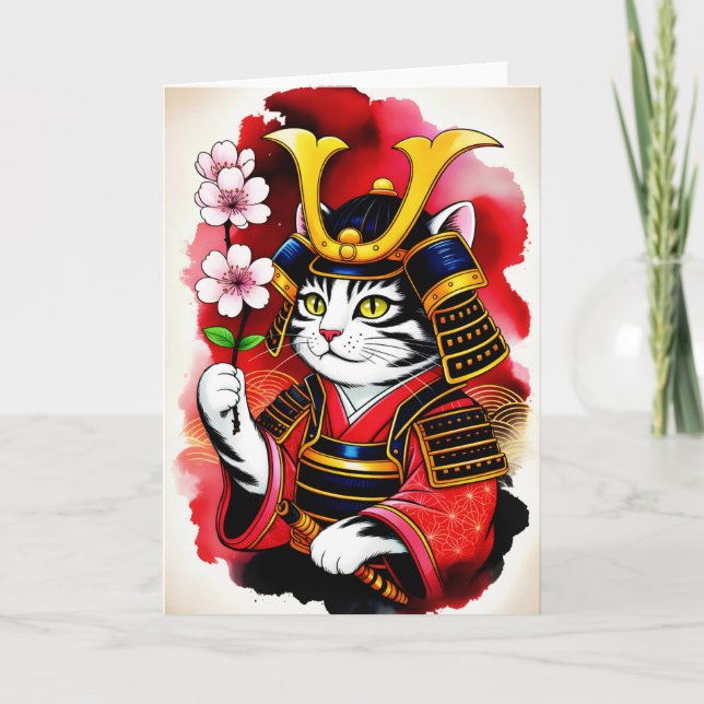  Elegant Samurai Cat Cherry for birthday, Thank Yu Karte (Vorderseite)