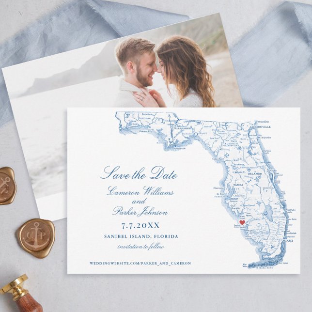 Elegant Sanibel Island Florida Wedding Navy Karte (Elegant Sanibel Island Florida Wedding Save the dates in navy blue from Coastal Map Designs)