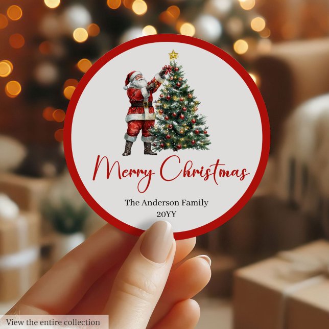 Elegant Santa Claus Red White Script Font Holiday  Runder Aufkleber (Santa Claus Christmas stickers in red white, rustic, and vintage festive style.)