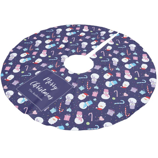 Elegant Santa Snowman Candy Cane Weihnachtsmuster Polyester Weihnachtsbaumdecke (Schrägansicht)