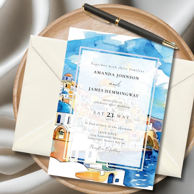 Elegant Santorini Griechenland Zielort Blue & Whit Einladung (Elegant Santorini-inspired wedding invitation featuring watercolor artwork of Greek architecture.)