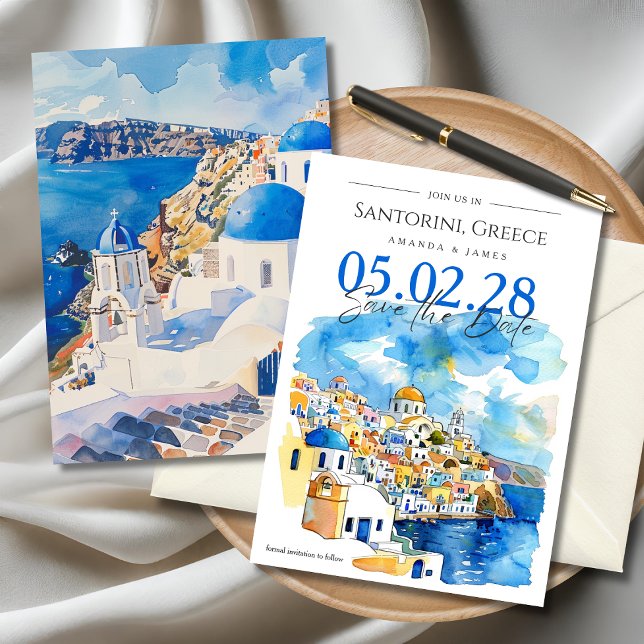 Elegant Santorini WasserfarbenWedding Save the Dat Einladung (Elegant Santorini wedding save the date card with watercolor illustration of blue and white building)