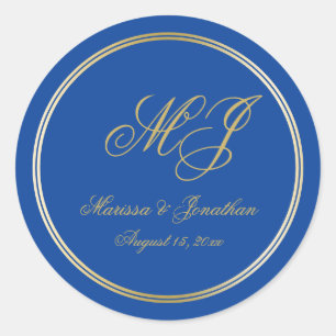 Elegant Sapphire Blue Gold Monogram Script Wedding Runder Aufkleber