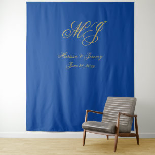 Elegant Sapphire Blue Gold Script Monogram Wedding Wandteppich