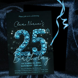 Elegant Sapphire Blue und Black 25. Geburtstag Einladung