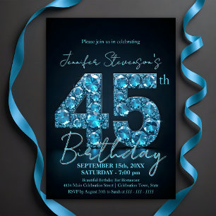 Elegant Sapphire Blue und Black 45. Geburtstag Einladung