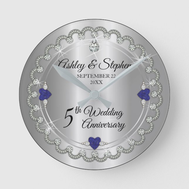 Elegant Sapphire Diamonds 5. Hochzeitstag Runde Wanduhr (Vorderseite)
