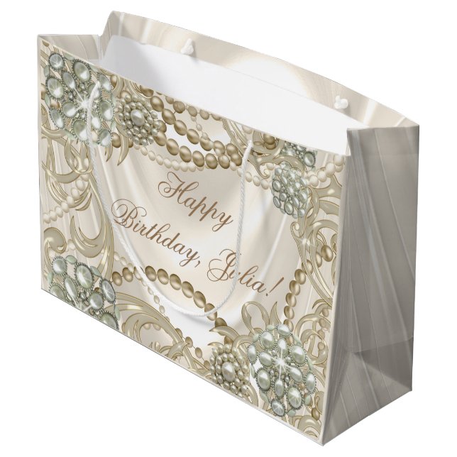 Elegant Satin Pearl Ivory Große Geschenktüte (Rückseite Schrägansicht)