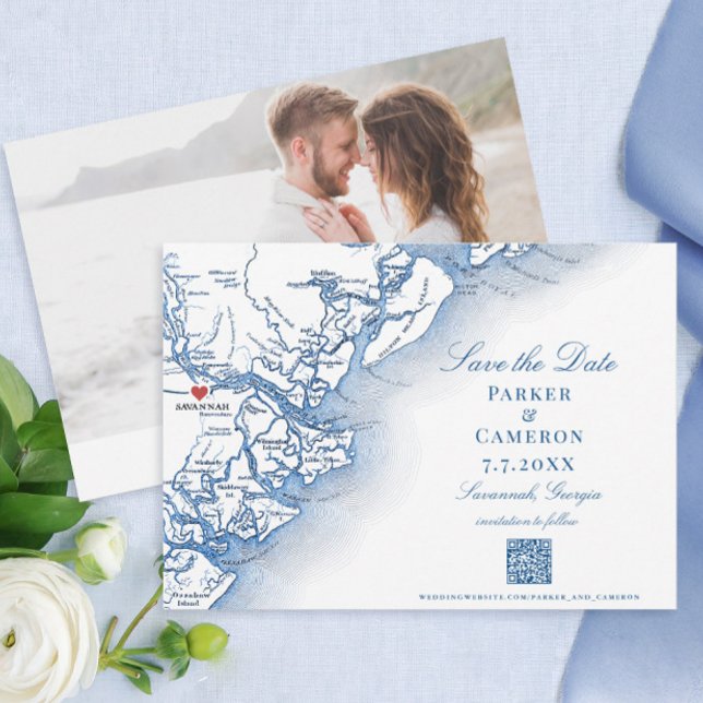 Elegant Savannah Georgia Karte Hochzeit der Marine (Savannah Georgia Wedding Save the Dates in Elegant Navy Blue with photo and QR code)